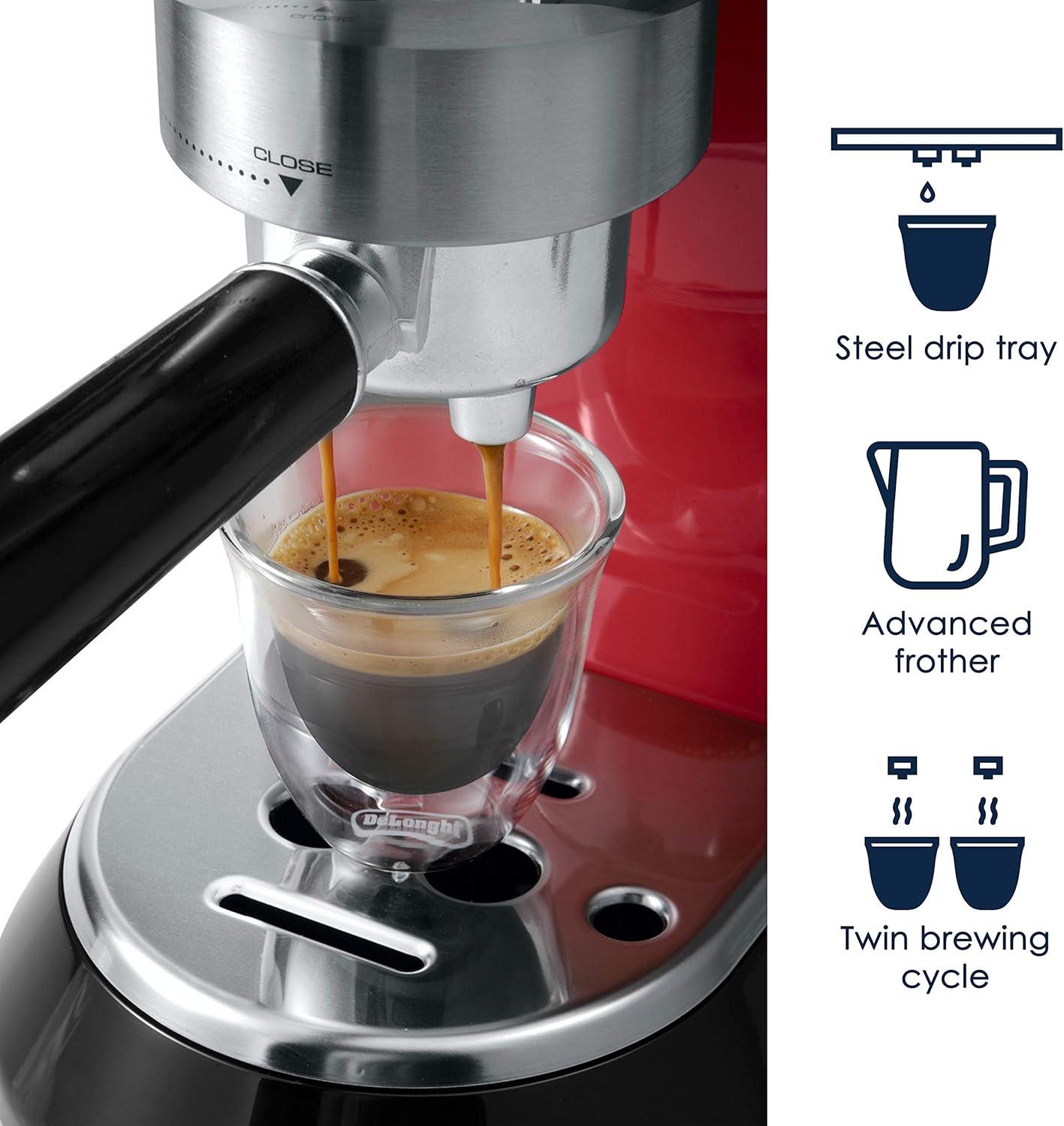 imageDeLonghi Dedica Espresso Machine with Manual Milk Frother 15Bar Pump ampamp Adjustable Tray Home Barista Coffee Maker for Espresso Latte Cappuccino ampamp Iced Coffee Italian Stainless Steel DesignRed