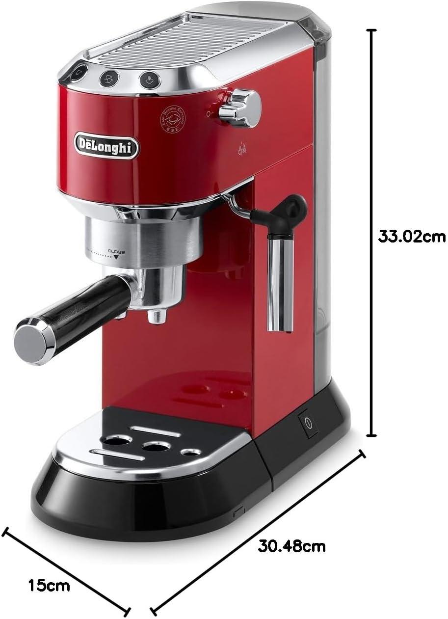 imageDeLonghi Dedica Espresso Machine with Manual Milk Frother 15Bar Pump ampamp Adjustable Tray Home Barista Coffee Maker for Espresso Latte Cappuccino ampamp Iced Coffee Italian Stainless Steel DesignRed