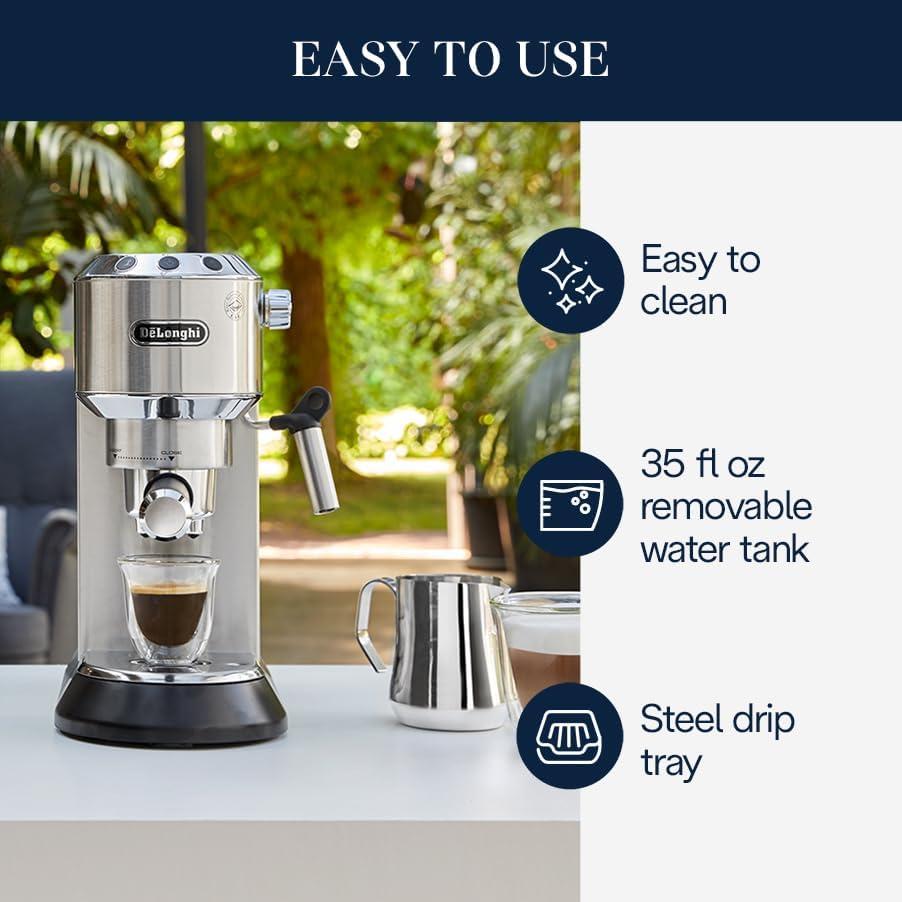 imageDeLonghi Dedica Espresso Machine with Manual Milk Frother 15Bar Pump ampamp Adjustable Tray Home Barista Coffee Maker for Espresso Latte Cappuccino ampamp Iced Coffee Italian Stainless Steel DesignSilver