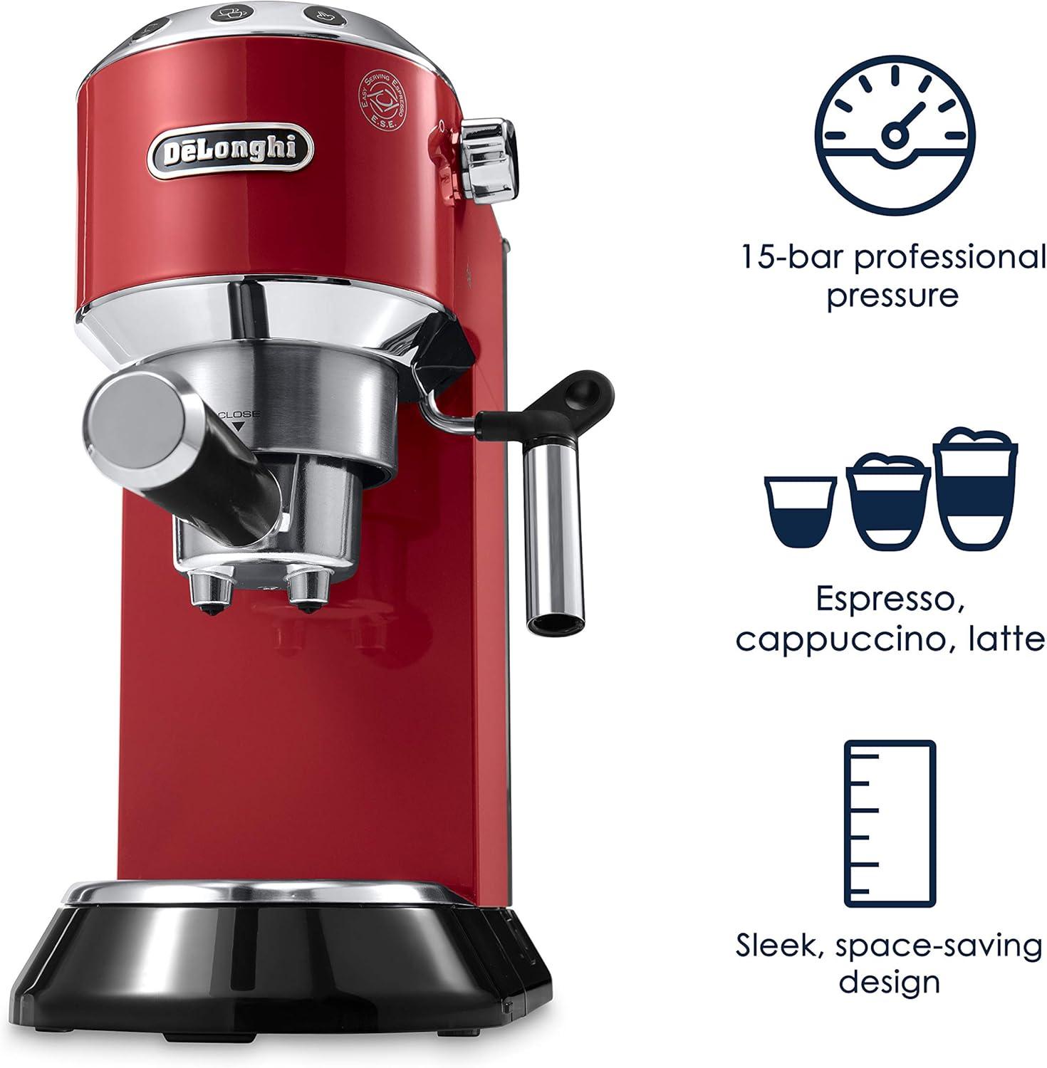 imageDeLonghi Dedica Espresso Machine with Manual Milk Frother 15Bar Pump ampamp Adjustable Tray Home Barista Coffee Maker for Espresso Latte Cappuccino ampamp Iced Coffee Italian Stainless Steel DesignRed