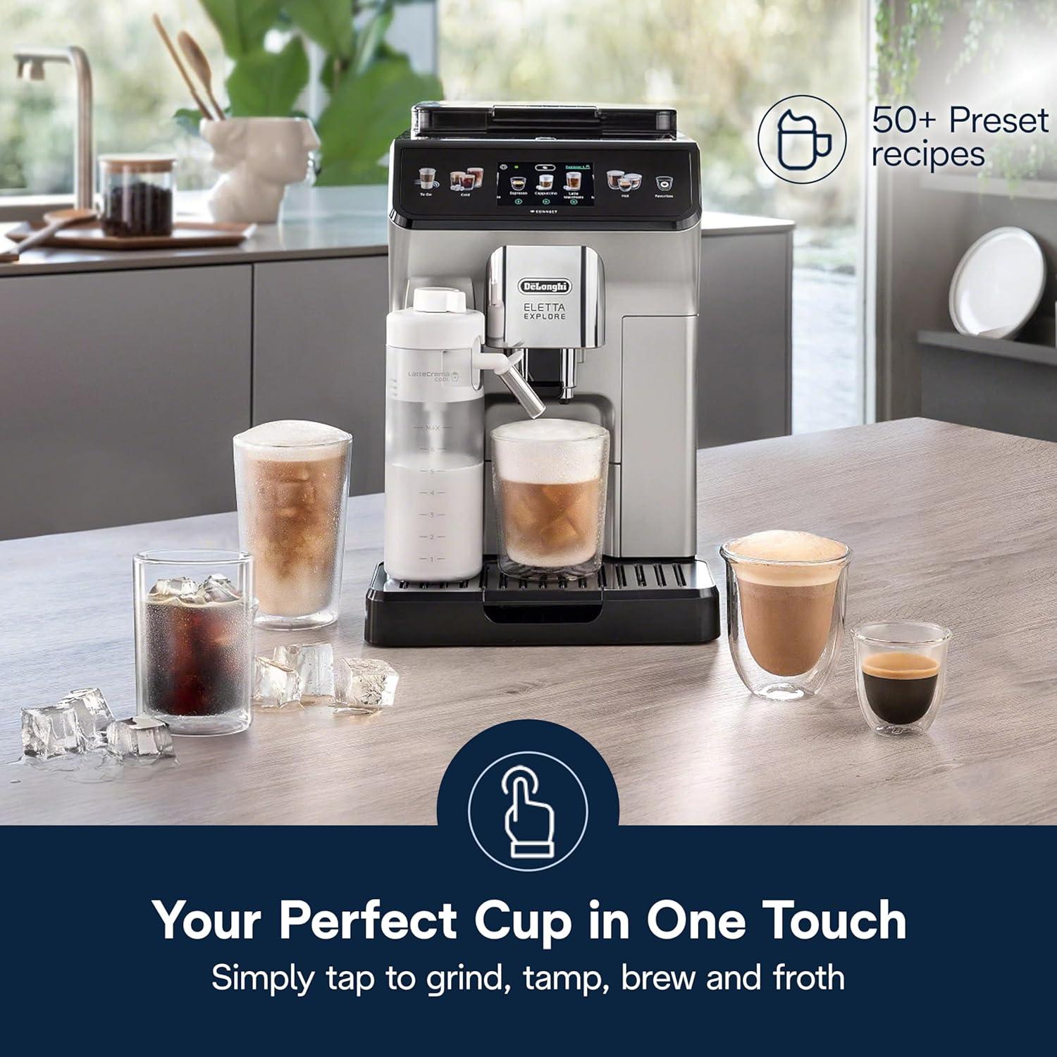 imageDeLonghi Eletta Explore Espresso Machine with Cold Brew Hot ampamp Cold Milk Frother 50 Recipes Built in Grinder User Profiles Smartphone Compatible with Bean Adapt Technology for Ideal Extractionwith Cold Brew
