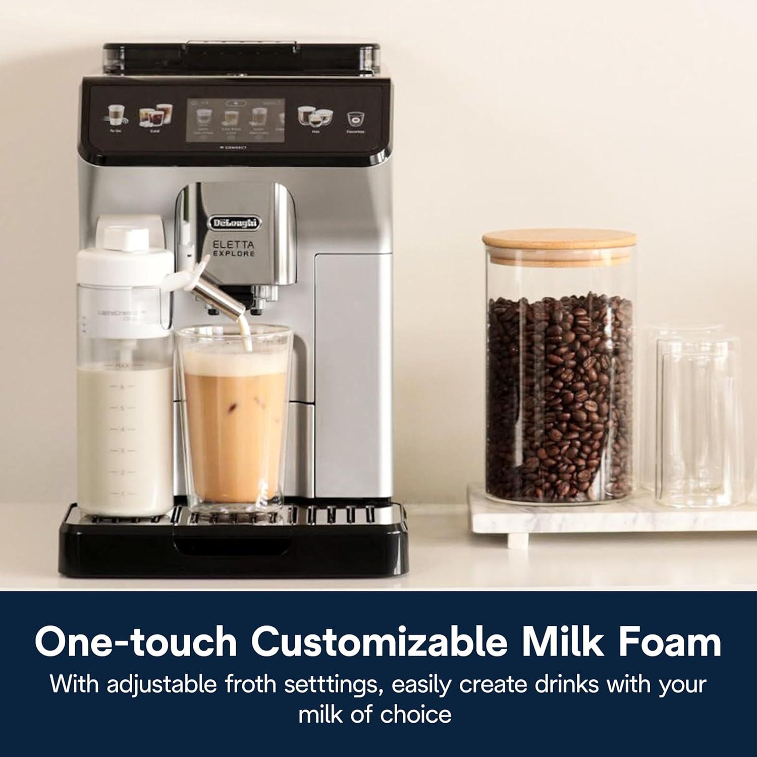 imageDeLonghi Eletta Explore Espresso Machine with Cold Brew Hot ampamp Cold Milk Frother 50 Recipes Built in Grinder User Profiles Smartphone Compatible with Bean Adapt Technology for Ideal Extractionwith Cold Brew