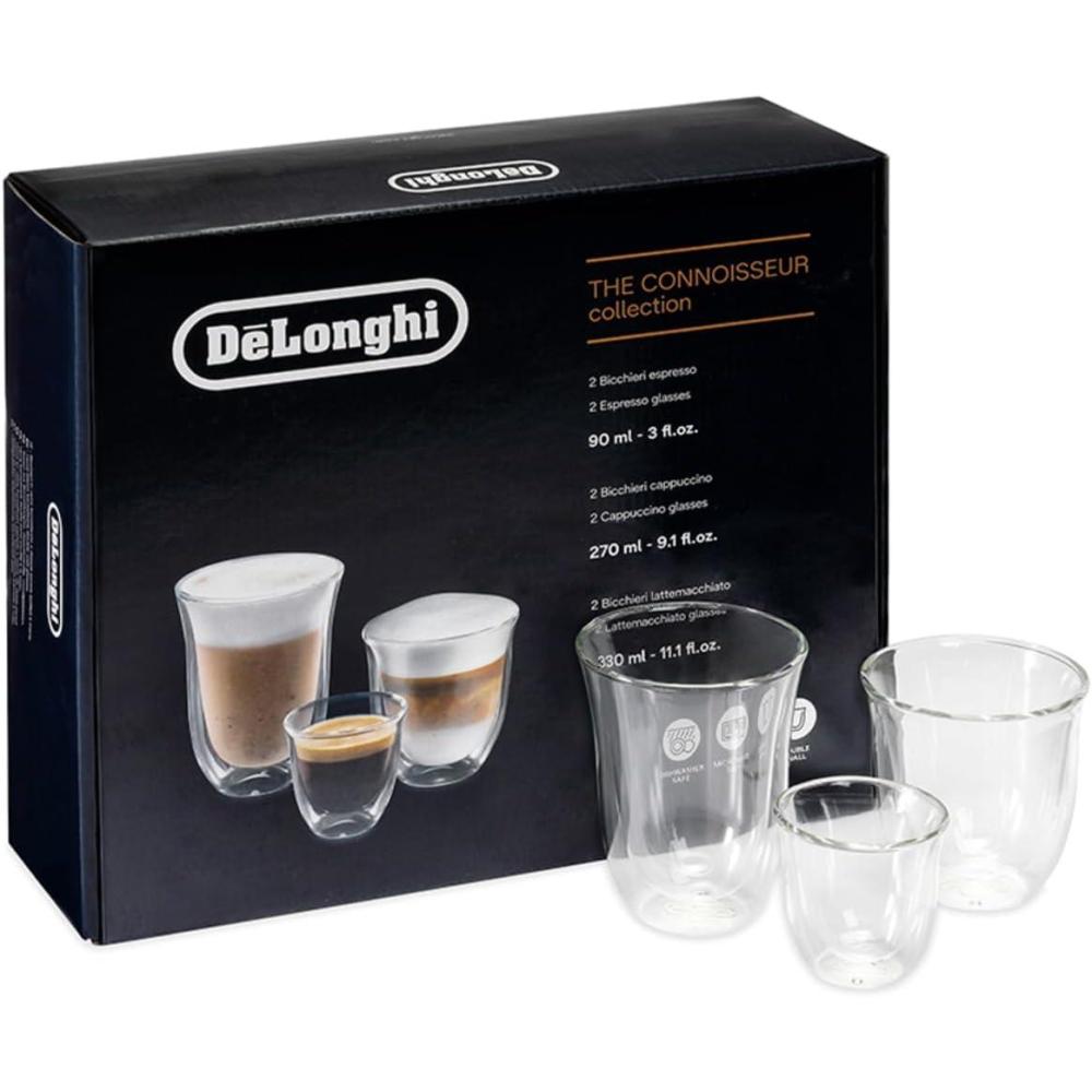 imageDeLonghi Coffee Connoisseur Glasses set of 6 2 Espresso 2 Cappuccino 2 Latte MacchiatoGlasses