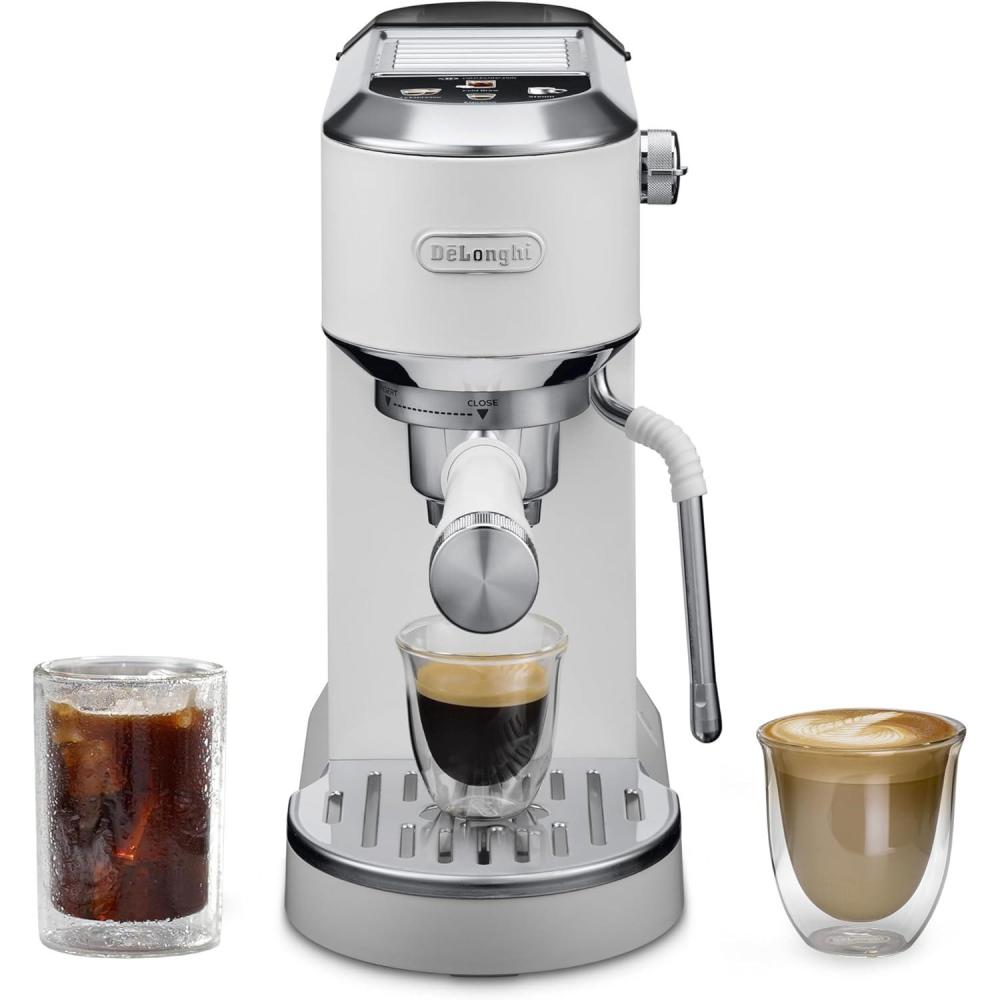 imageDeLonghi Dedica Duo Compact Espresso Machine Cold Brew Coffee Maker with Milk Frother Wand for Espresso Hot ampamp Iced Coffee Cappuccinos Lattes ampamp Home Barista Brewing Stainless Steel FinishVanilla