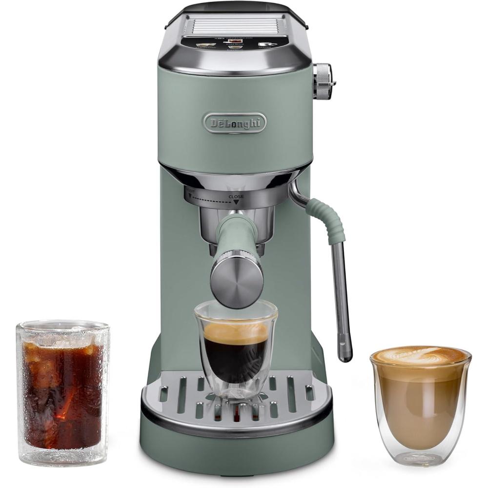 imageDeLonghi Dedica Duo Compact Espresso Machine Cold Brew Coffee Maker with Milk Frother Wand for Espresso Hot ampamp Iced Coffee Cappuccinos Lattes ampamp Home Barista Brewing Stainless Steel FinishPistachio Green