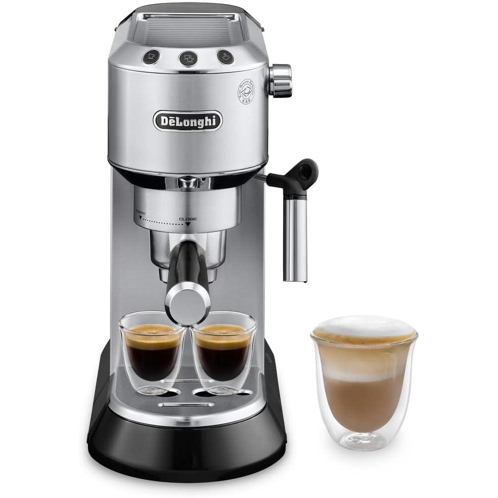 imageDeLonghi Dedica Espresso Machine with Manual Milk Frother 15Bar Pump ampamp Adjustable Tray Home Barista Coffee Maker for Espresso Latte Cappuccino ampamp Iced Coffee Italian Stainless Steel DesignSilver