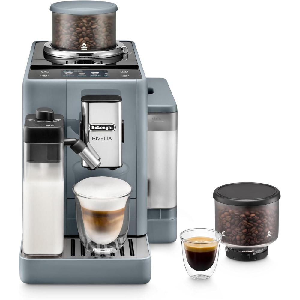 imageDeLonghi Rivelia Automatic Espresso Machine with Grinder ampamp Milk Frother AllinOne Coffee Maker Hot ampamp Iced Latte Cappuccino Bean Switch System Burr Grinder Compact Italian Design WhitePebble Gray