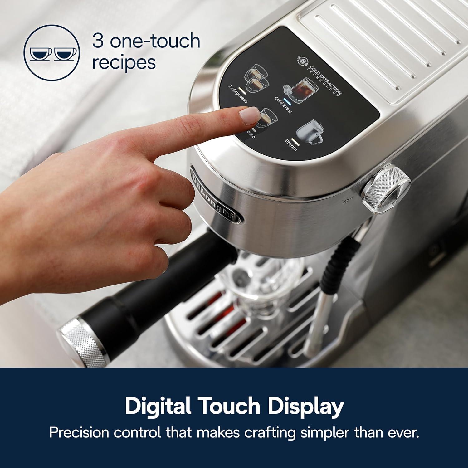 imageDeLonghi Dedica Duo Compact Espresso Machine Cold Brew Coffee Maker with Milk Frother Wand for Espresso Hot ampamp Iced Coffee Cappuccinos Lattes ampamp Home Barista Brewing Stainless Steel FinishStainless Steel