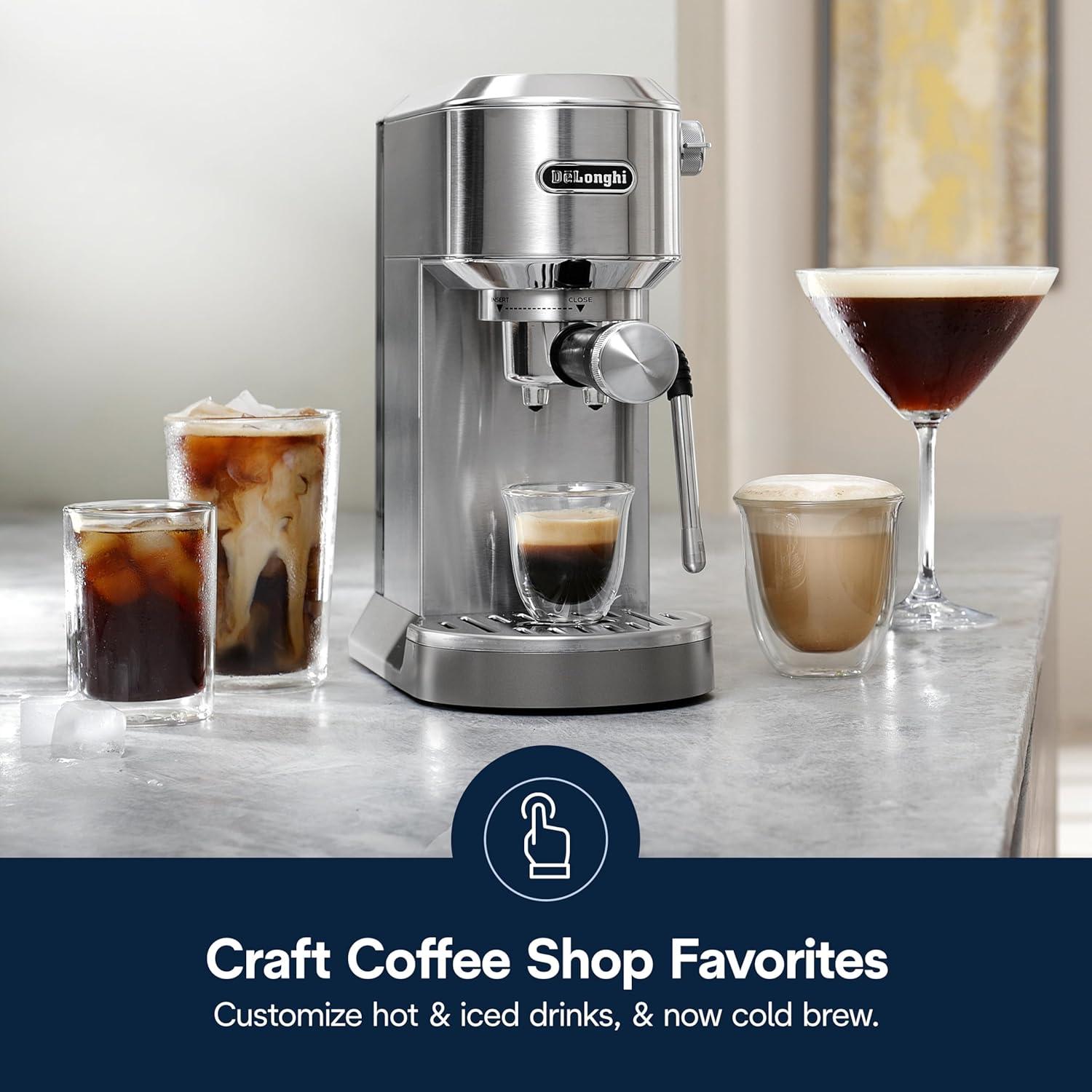 imageDeLonghi Dedica Duo Compact Espresso Machine Cold Brew Coffee Maker with Milk Frother Wand for Espresso Hot ampamp Iced Coffee Cappuccinos Lattes ampamp Home Barista Brewing Stainless Steel FinishStainless Steel