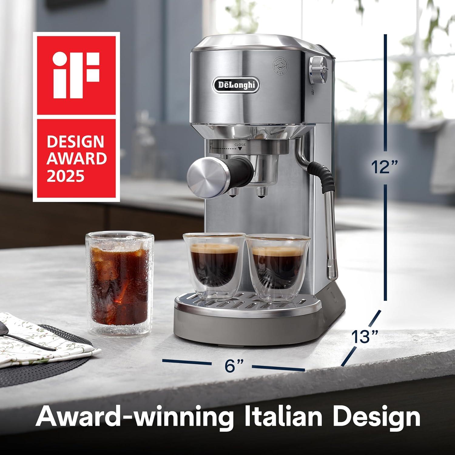 imageDeLonghi Dedica Duo Compact Espresso Machine Cold Brew Coffee Maker with Milk Frother Wand for Espresso Hot ampamp Iced Coffee Cappuccinos Lattes ampamp Home Barista Brewing Stainless Steel FinishStainless Steel