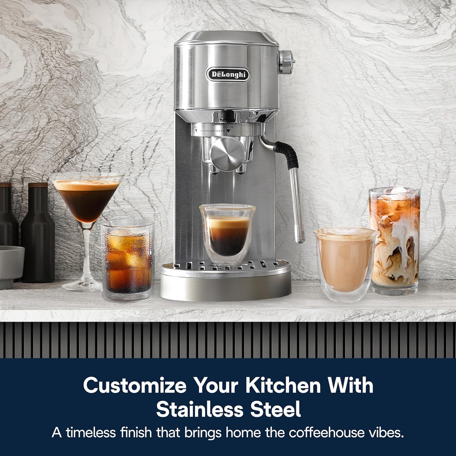 imageDeLonghi Dedica Duo Compact Espresso Machine Cold Brew Coffee Maker with Milk Frother Wand for Espresso Hot ampamp Iced Coffee Cappuccinos Lattes ampamp Home Barista Brewing Stainless Steel FinishStainless Steel