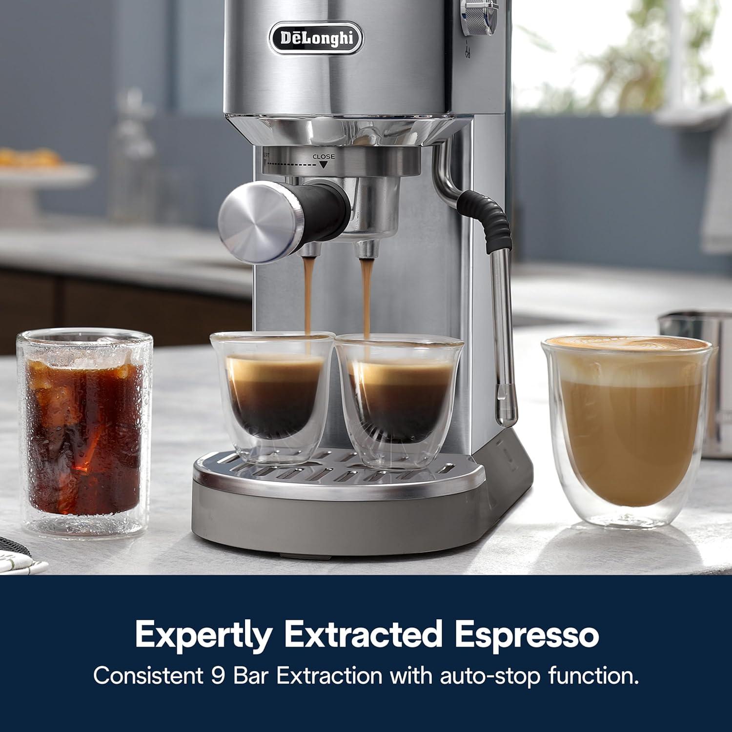 imageDeLonghi Dedica Duo Compact Espresso Machine Cold Brew Coffee Maker with Milk Frother Wand for Espresso Hot ampamp Iced Coffee Cappuccinos Lattes ampamp Home Barista Brewing Stainless Steel FinishStainless Steel