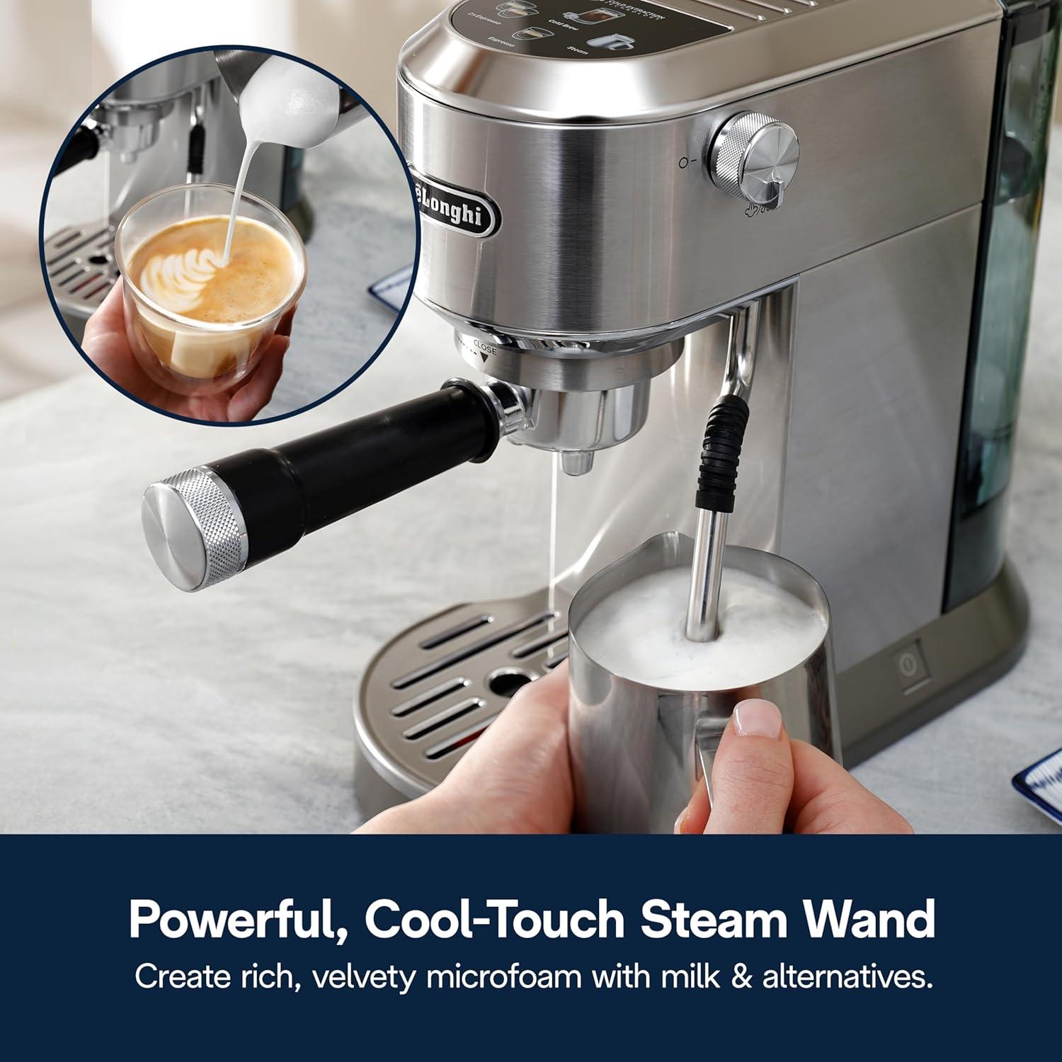 imageDeLonghi Dedica Duo Compact Espresso Machine Cold Brew Coffee Maker with Milk Frother Wand for Espresso Hot ampamp Iced Coffee Cappuccinos Lattes ampamp Home Barista Brewing Stainless Steel FinishStainless Steel