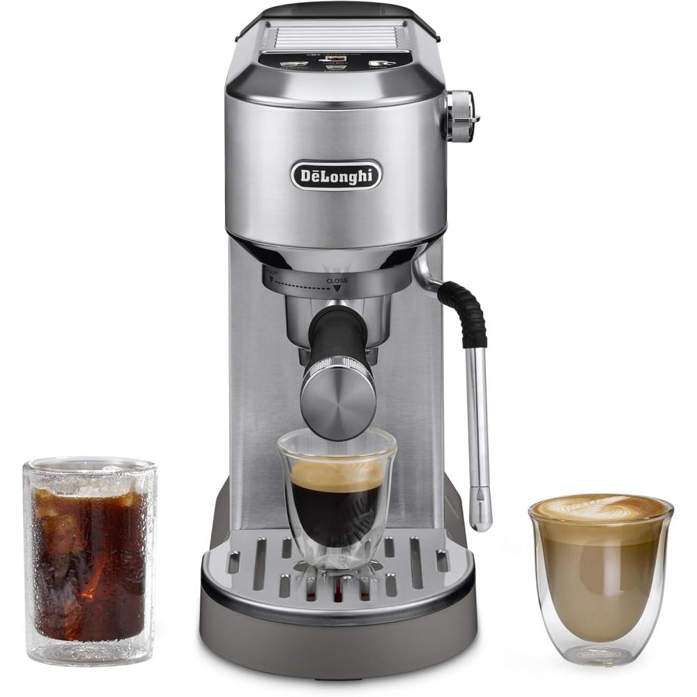 imageDeLonghi Dedica Duo Compact Espresso Machine Cold Brew Coffee Maker with Milk Frother Wand for Espresso Hot ampamp Iced Coffee Cappuccinos Lattes ampamp Home Barista Brewing Stainless Steel FinishStainless Steel